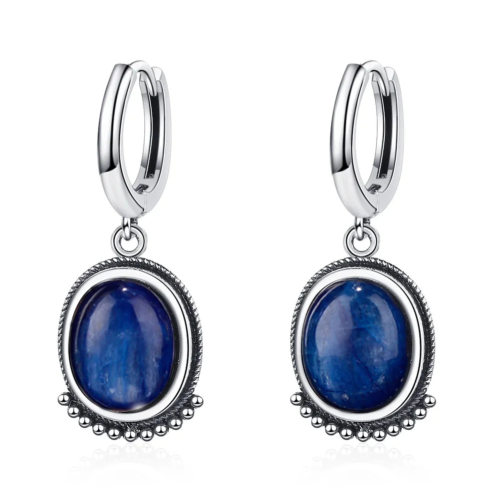Boucles d'Oreilles Créoles Vintage à Cabochon Ovale – Pierre de Lune, Labradorite, Améthyste… Plaqué Argent