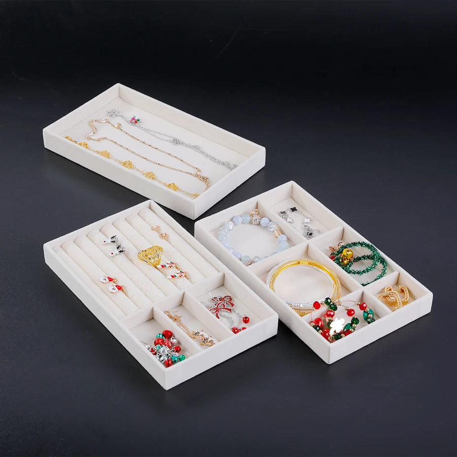 Plateau à Bijoux en Velours Beige – Organisateur Empilable pour Tiroir, Bagues, Bracelets et Boucles d'Oreilles, 9 Modèles de Compartiments