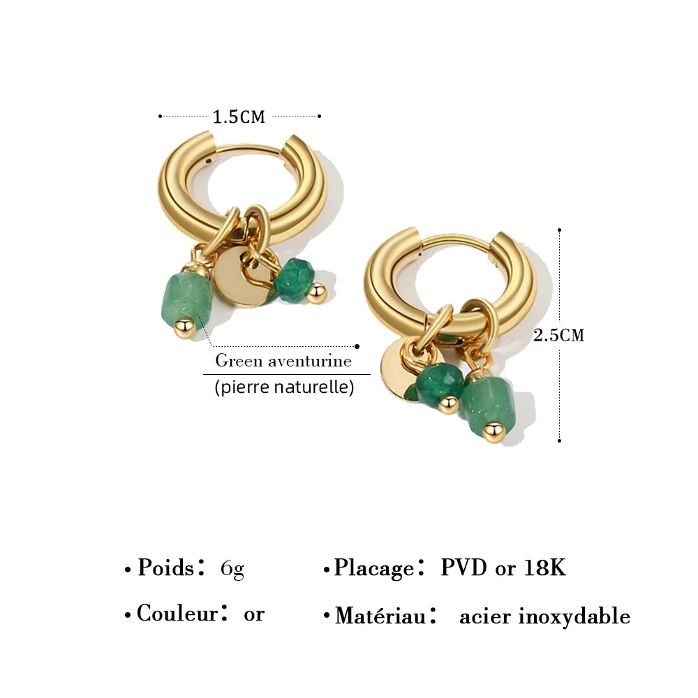 Créoles Plaquées Or 18 Carats à Breloque en Pierre Naturelle – Acier Inoxydable, 6 Modèles
