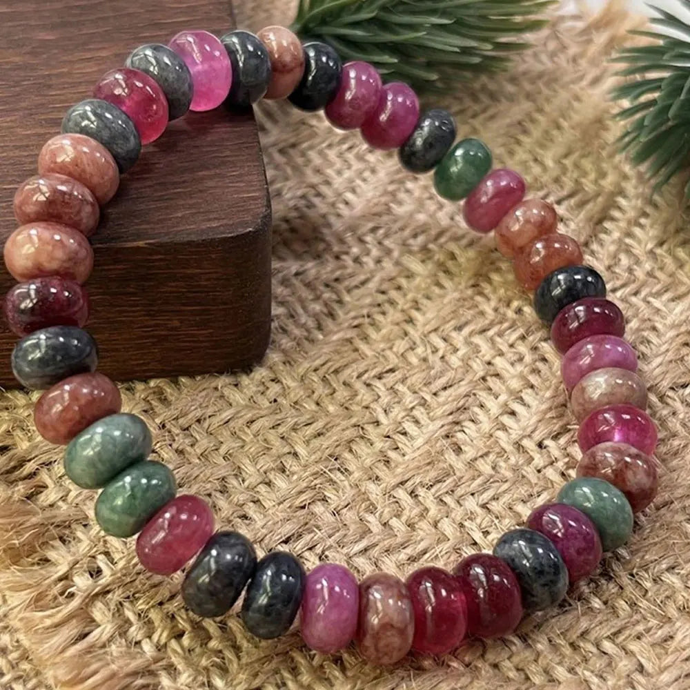 Bracelet Tourmaline Multicolore Naturelle – Tourmaline Arc-en-Ciel, Perles Rondes, 18 cm