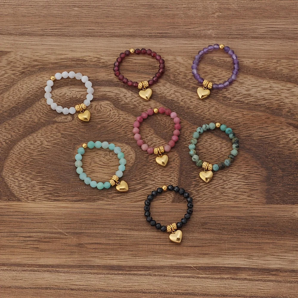 Bague Perlée Extensible en Pierres Naturelles – Cœur, Trèfle, Améthyste, Labradorite…