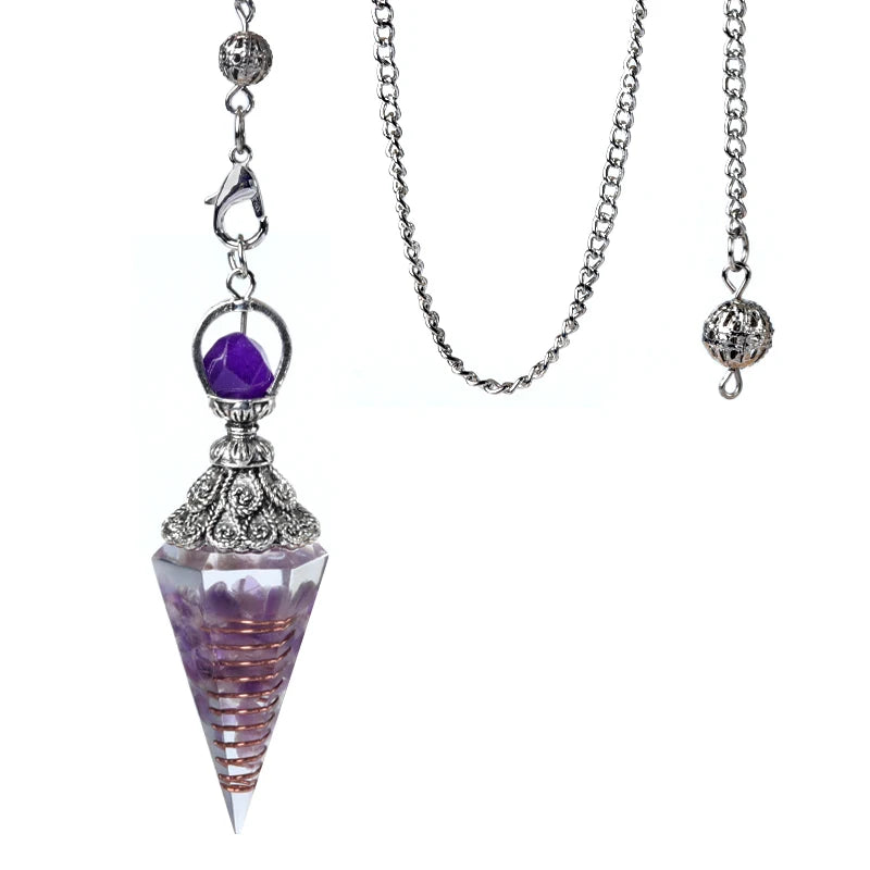Pendule Cône en Orgonite aux Éclats de Pierres Naturelles – Monture Argent Vieilli, 10 Modèles