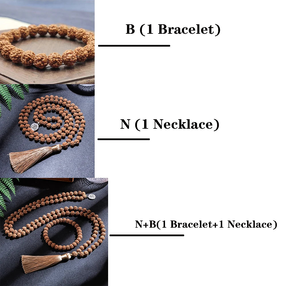 Mala 108 Perles Rudraksha – Collier Noué à la Main, Japamala de Méditation, avec ou sans Bracelet