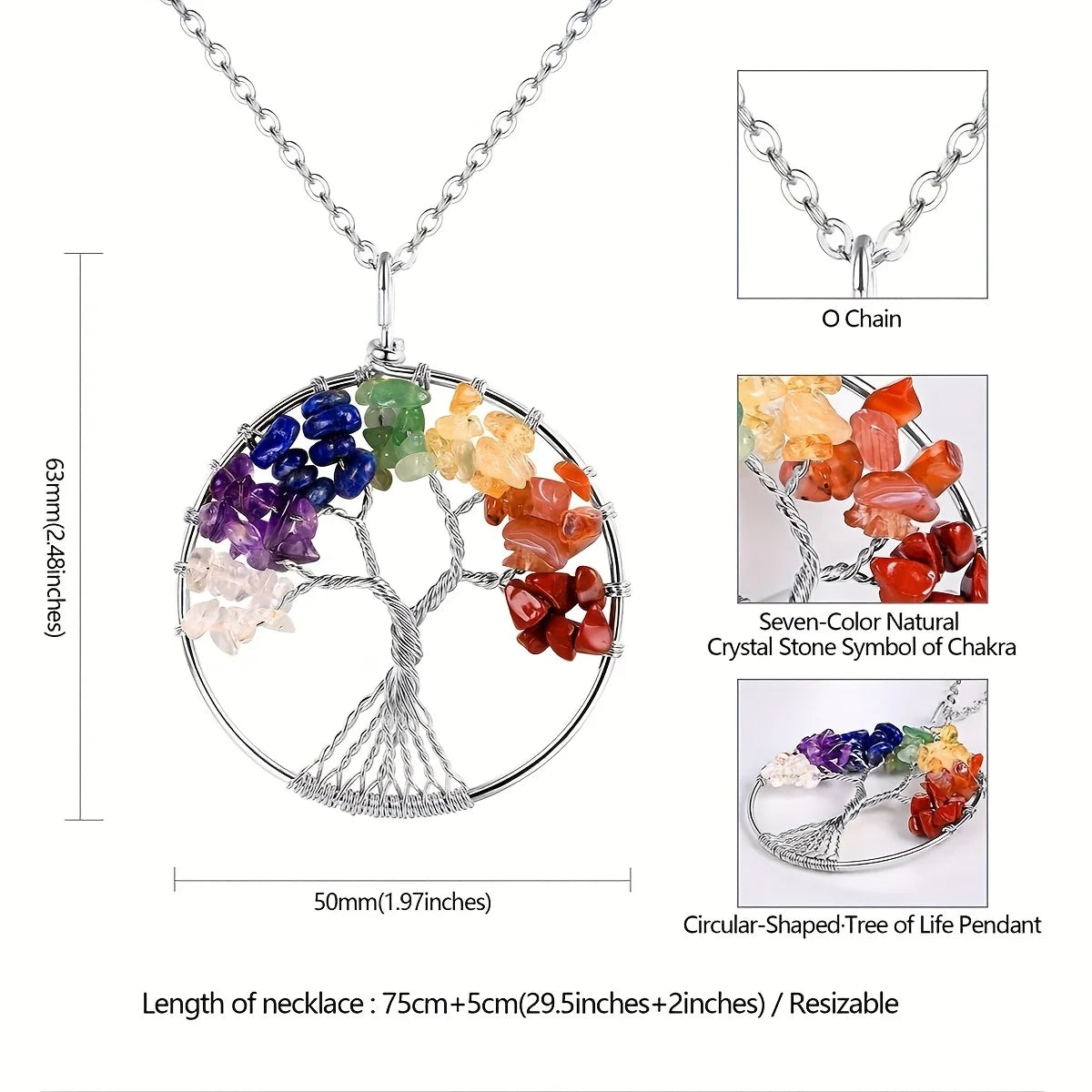 Collier Arbre de Vie 7 Chakras – Pendentif en Pierres Naturelles Serties au Fil, avec Chaîne