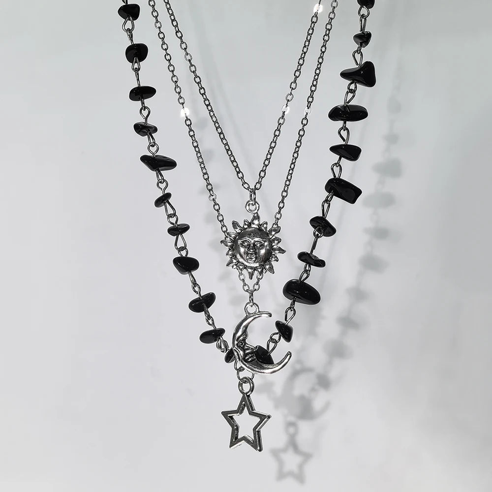 Lot de 3 Colliers Soleil, Lune et Étoile en Agate Noire Femme – Éclats de Pierre Naturelle, Colliers à Superposer, Bijou Céleste Argenté, Idée Cadeau