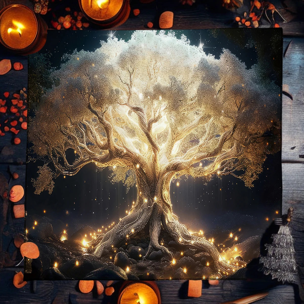 Nappe de Tarot Arbre de Vie en Velours – 15 Motifs : Arbre Doré, Phases de Lune, 50 ou 75 cm