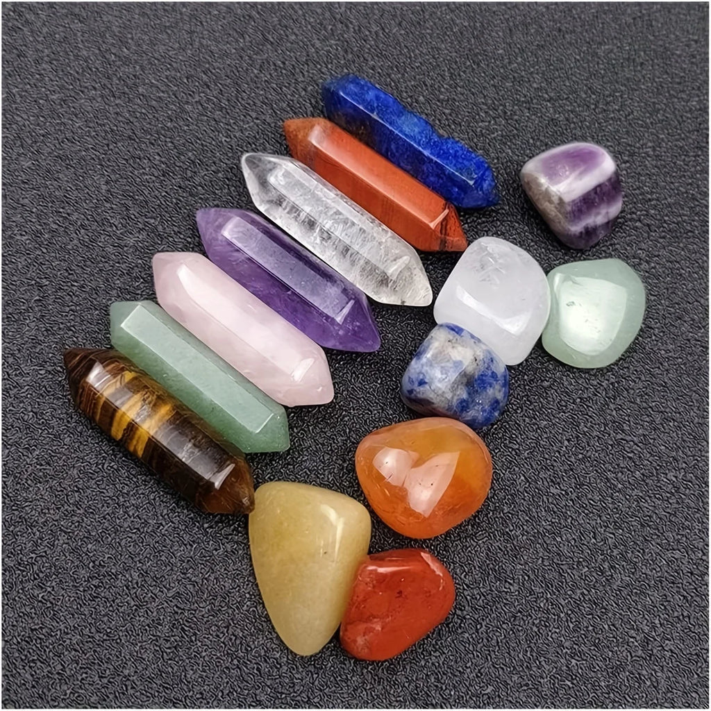 Coffret 14 Pierres 7 Chakras – 8 Pointes et 6 Pierres Roulées, Boîte Cadeau
