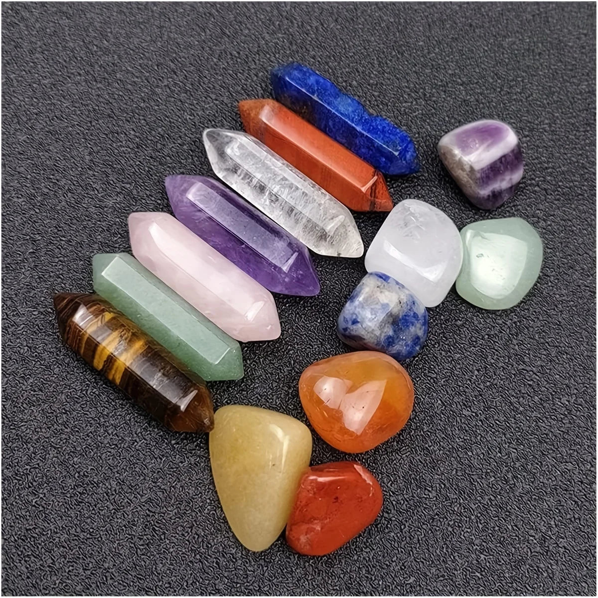 Coffret 14 Pierres 7 Chakras – 8 Pointes et 6 Pierres Roulées, Boîte Cadeau