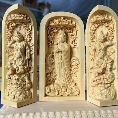 Triptyque Bouddhiste en Bois Sculpté – Autel Portable Pliant à 3 Volets, 11 Modèles