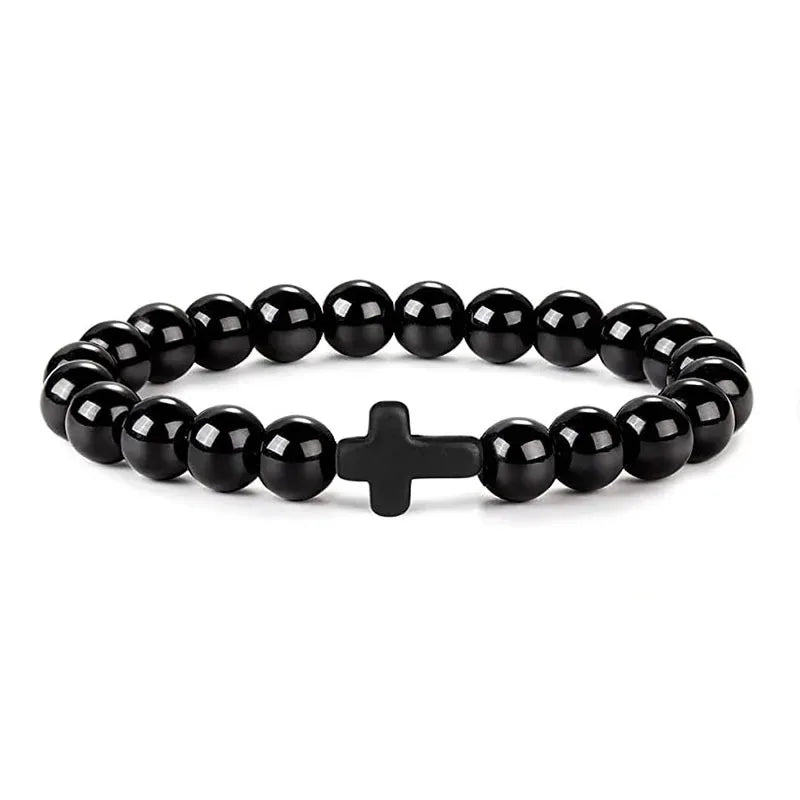 Bracelet Croix en Pierre Naturelle 8 mm – Œil de Tigre, Onyx, Howlite ou Pierre de Lave