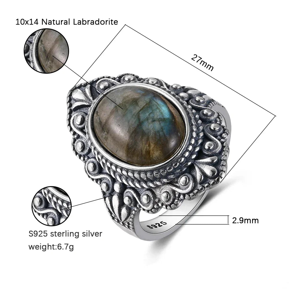 Bague Vintage Ovale en Pierre Naturelle – Labradorite, Pierre de Lune ou Lapis-Lazuli, Monture Ciselée