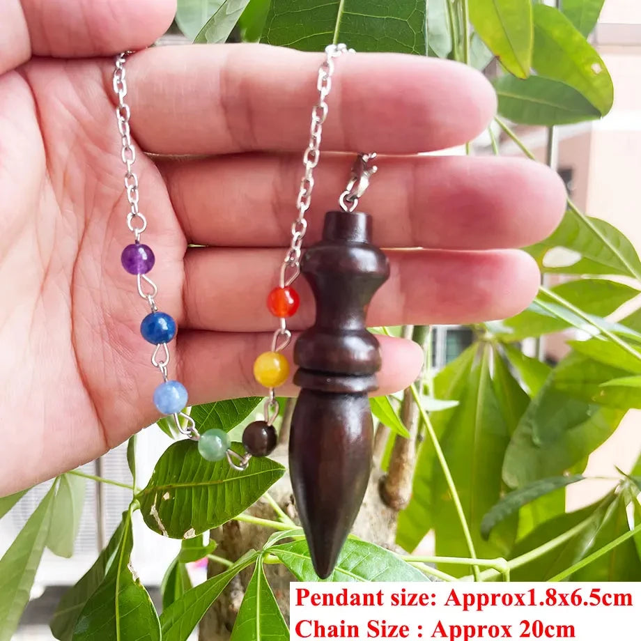 Pendule Égyptien en Bois Sombre Tourné – Pendule de Radiesthésie Karnak, Chaîne Simple ou 7 Chakras