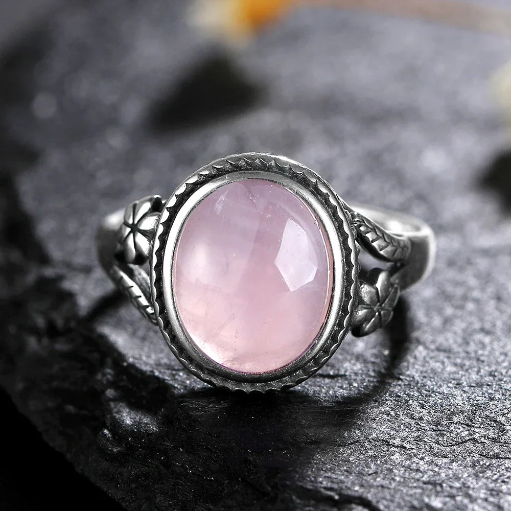 Bague Vintage Ovale en Pierre Naturelle – Monture Argentée Ciselée, Pierre de Lune, Labradorite, Charoïte…