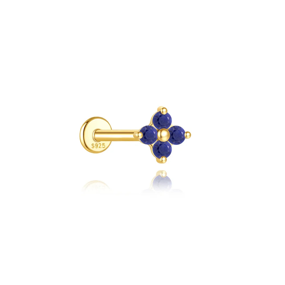 Piercing en Argent 925 et Lapis-Lazuli – Clou Plat Étoile, Fleur, Papillon, 16 Modèles Doré ou Argenté