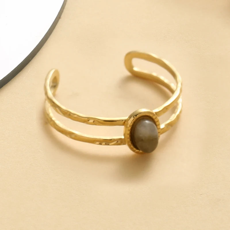 Bague Pierre Naturelle Ajustable – Acier Inoxydable, Style Vintage, 5 Pierres au Choix