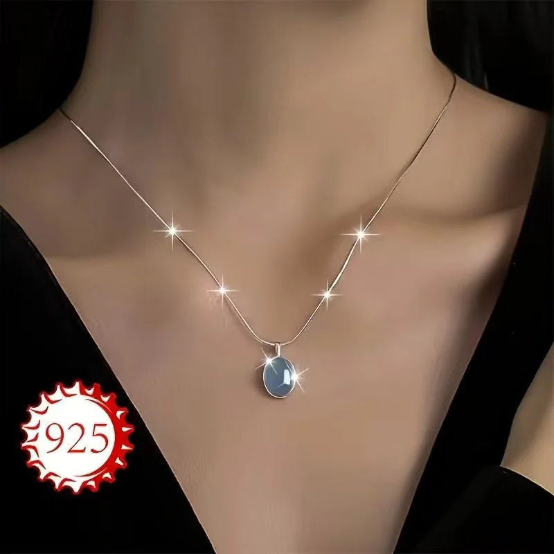 Collier Argent 925 Pendentif Aigue-Marine Ovale – Chaîne Serpent, Minimaliste