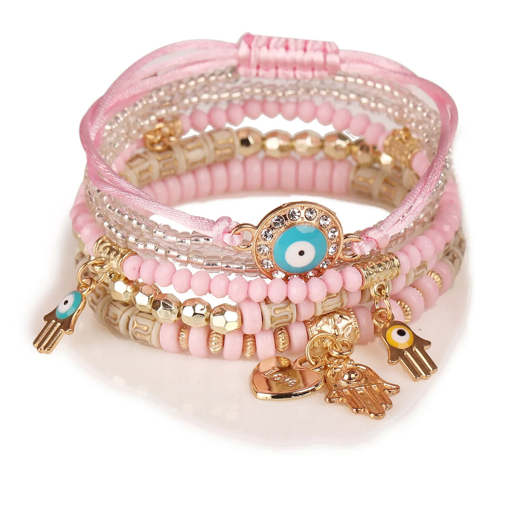 Lot de 6 Bracelets Bohème Œil Turc et Main de Fatma – Perles, Cordons et Breloques, 8 Coloris