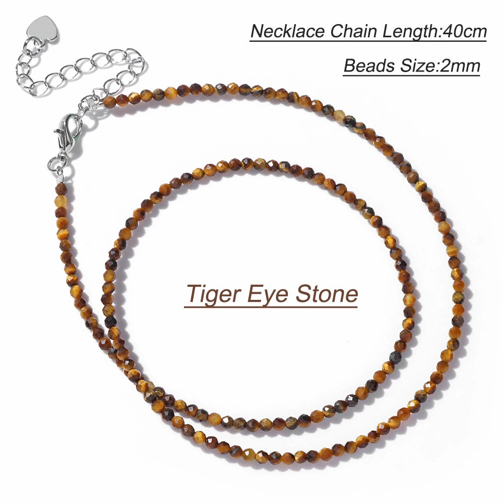 Collier Perles Facettées 2 mm en Pierre Naturelle – Ras du Cou Ultra-Fin, 14 Pierres, 40 cm