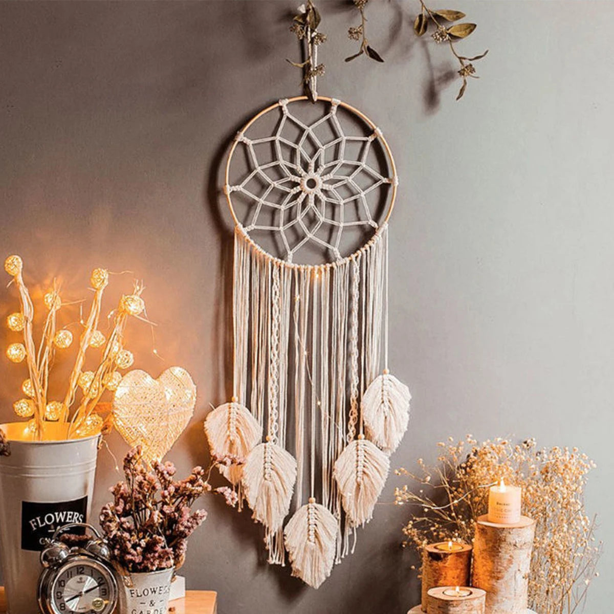 Grand Attrape-Rêves en Macramé à Feuilles – Tenture Murale Bohème Faite Main, 85 cm