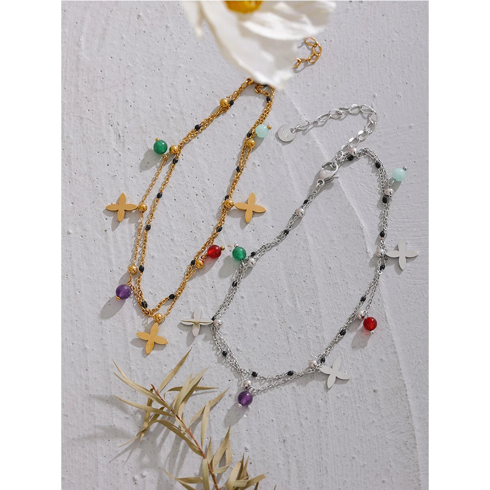 Chaîne de Cheville Perles de Pierres et Fleurs – Acier Inoxydable Doré ou Argenté