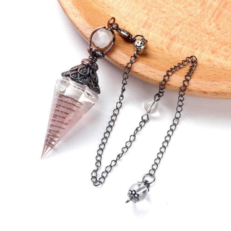 Pendule Cône en Orgonite aux Éclats de Pierres Naturelles – Monture Argent Vieilli, 10 Modèles