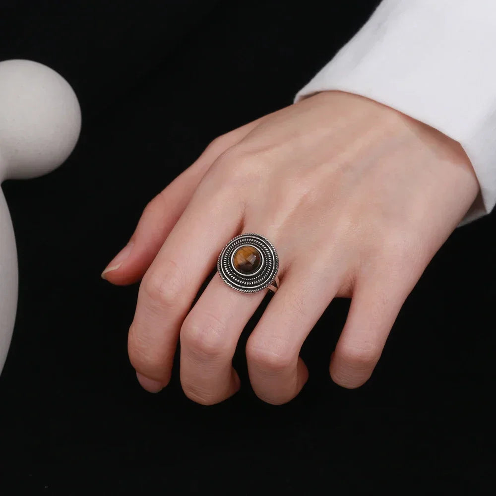 Bague Ronde Spirale en Pierre Naturelle 8 mm – Monture Argentée, Rhodochrosite, Charoïte, Labradorite…