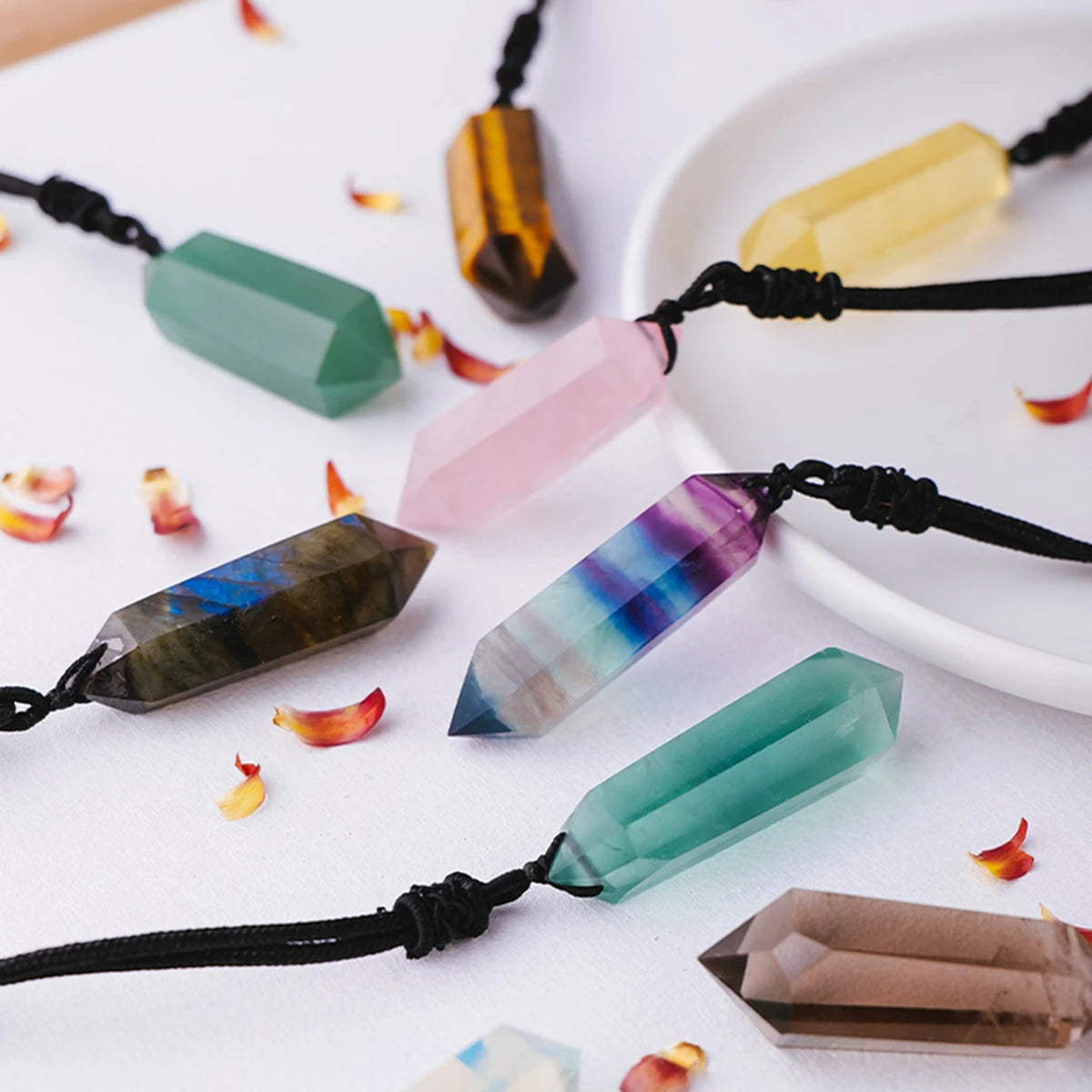 Collier Pendentif Double Pointe en Cristal Naturel – Quartz, Améthyste, Labradorite…, Cordon Réglable