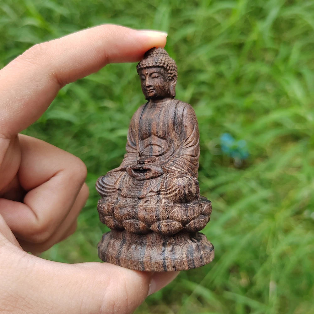 Statue Bouddha en Bois Sculpté – Bouddha Assis sur Lotus, Petite Figurine Zen 8 cm