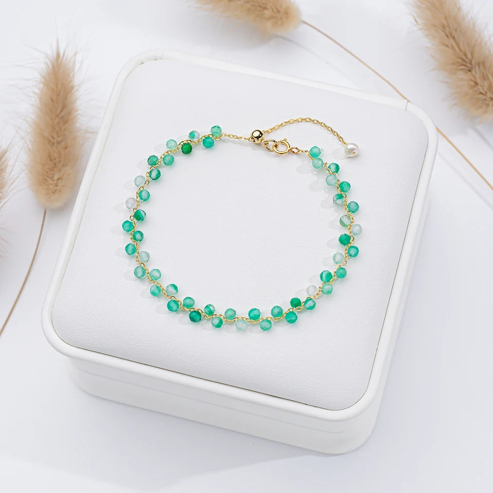 Bracelet Chaîne Dorée Perles Facettées 3 mm – Pierre Naturelle au Choix et Perle d'Eau Douce
