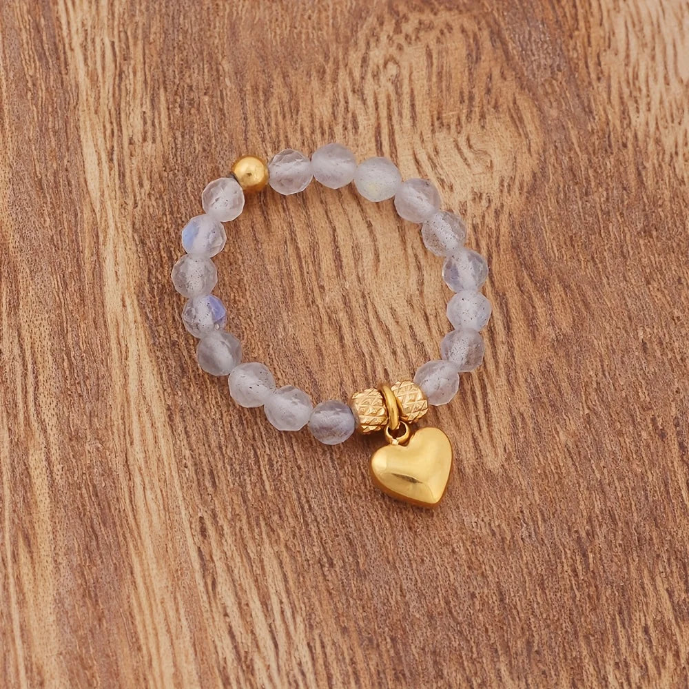 Bague Perlée Extensible en Pierres Naturelles – Cœur, Trèfle, Améthyste, Labradorite…