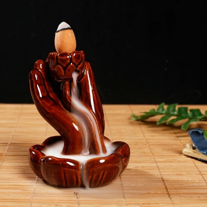 Brûleur d'Encens à Reflux Main de Bouddha et Lotus – Céramique Noire, Petit Modèle