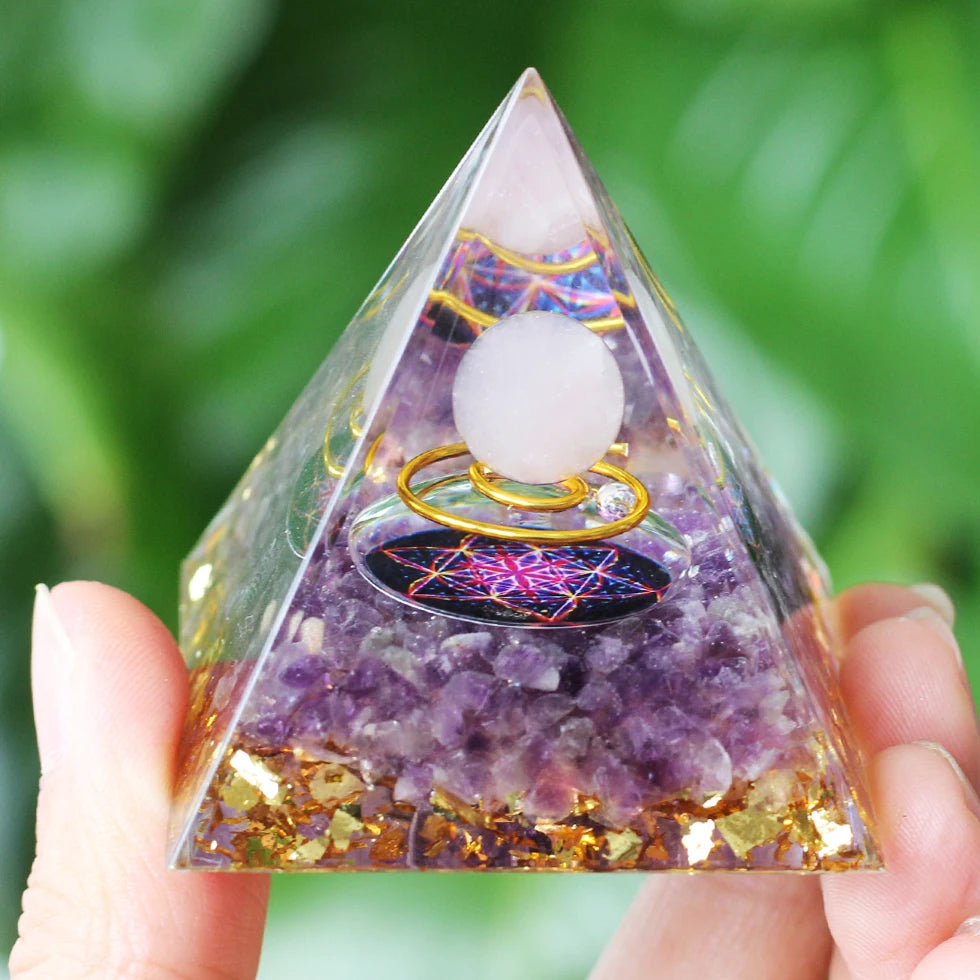 Pyramide d'Orgonite à Sphère d'Améthyste – 5 cm, Arbre de Vie, Chakras, 35 Modèles