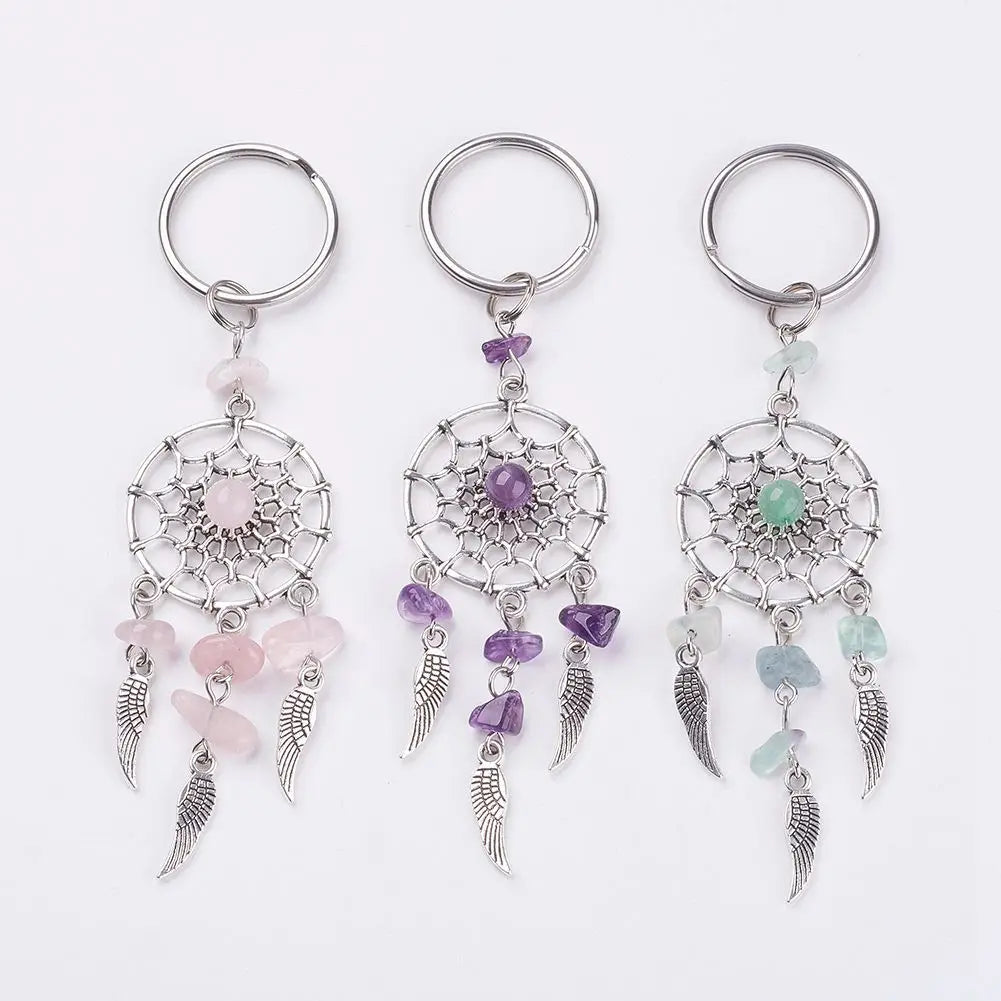 Porte-Clés Attrape-Rêves avec Éclats de Pierres et Plumes – Améthyste, Quartz Rose ou Aventurine