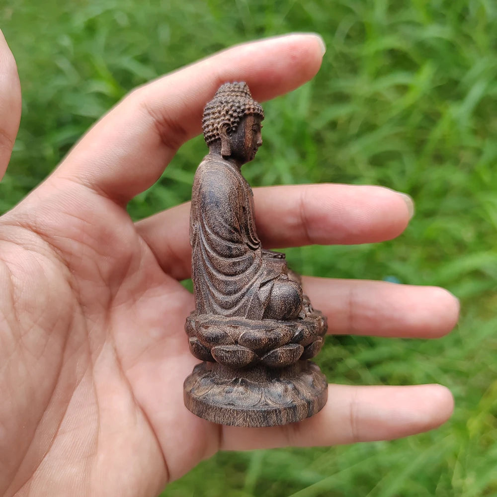 Statue Bouddha en Bois Sculpté – Bouddha Assis sur Lotus, Petite Figurine Zen 8 cm