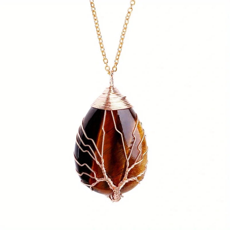 Pendentif Arbre de Vie en Pierre Naturelle au Choix – Fil Doré ou Argenté, avec Chaîne