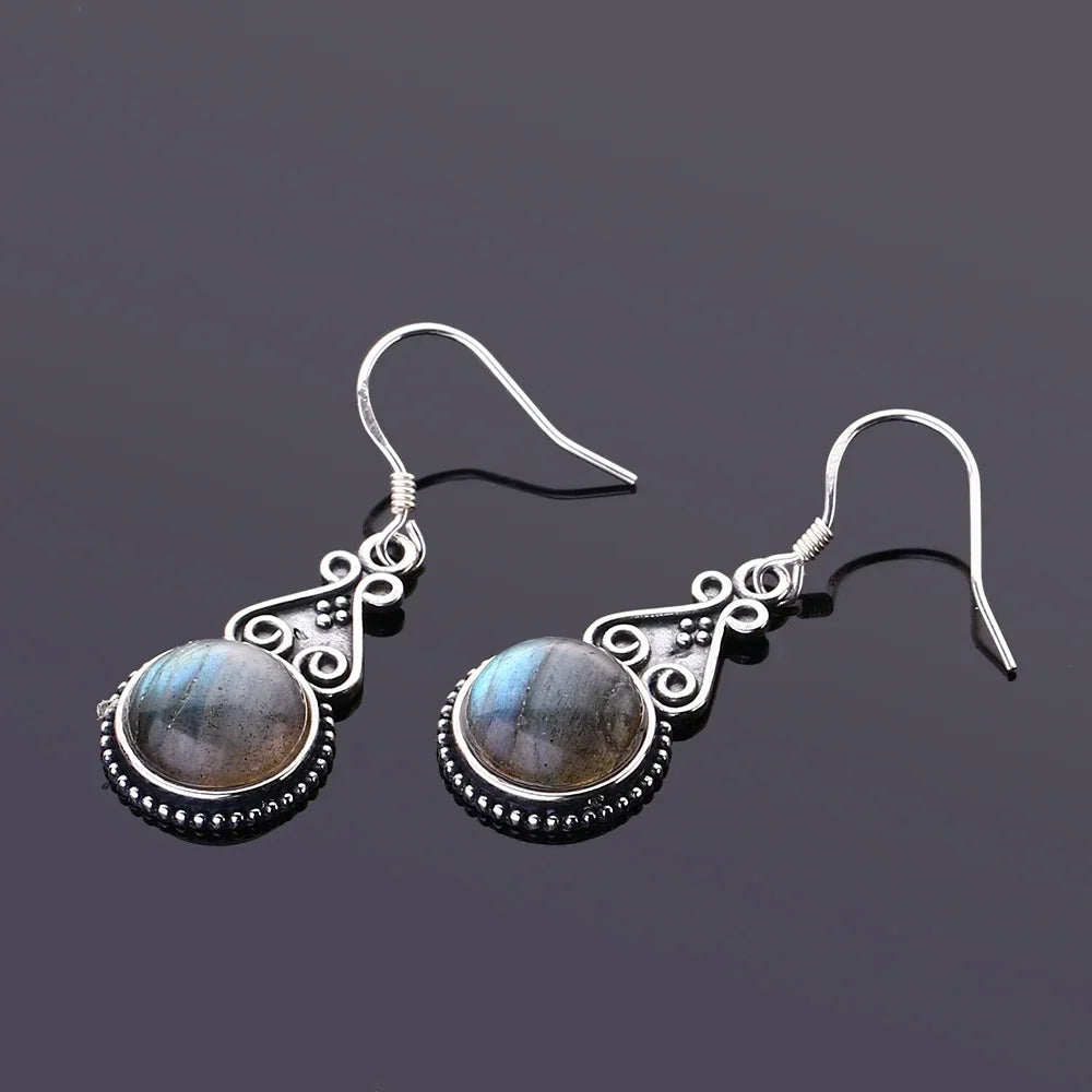 Boucles d'Oreilles Pendantes Vintage Pierre Ronde 10 mm – Labradorite, Lapis, Œil de Tigre, Rhodochrosite