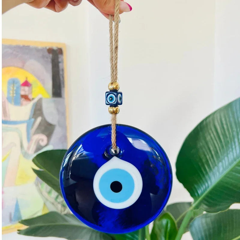 Œil Turc en Verre à Suspendre – Grand Nazar Bleu avec Cordon, Porte-Bonheur Mural