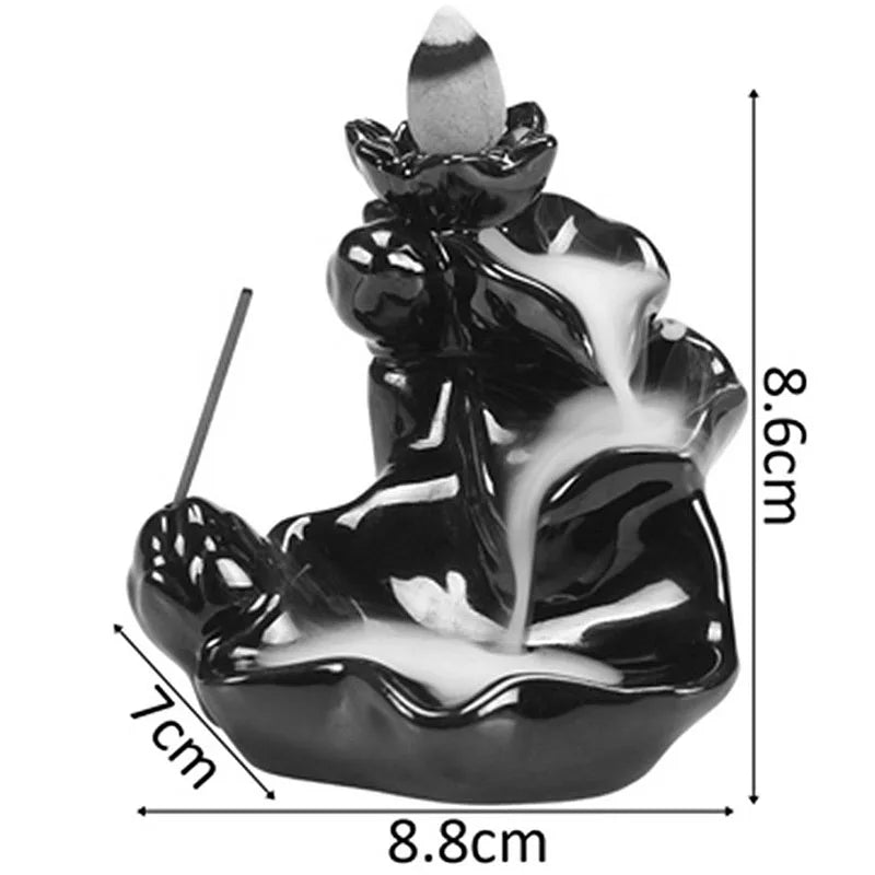 Brûleur d'Encens à Reflux Main de Bouddha et Lotus – Céramique Noire, Petit Modèle