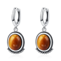 Boucles d'Oreilles Créoles Vintage à Cabochon Ovale – Pierre de Lune, Labradorite, Améthyste… Plaqué Argent