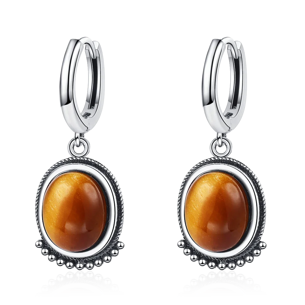 Boucles d'Oreilles Créoles Vintage à Cabochon Ovale – Pierre de Lune, Labradorite, Améthyste… Plaqué Argent