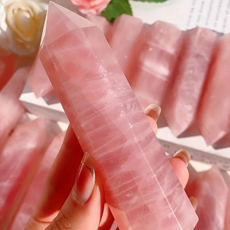 Pointe de Quartz Rose Naturel – Tour Polie à 6 Faces, de 4 à 16 cm