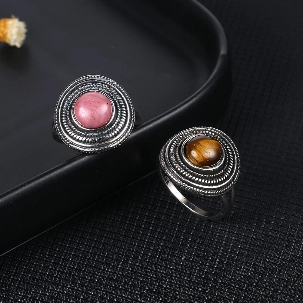 Bague Ronde Spirale en Pierre Naturelle 8 mm – Monture Argentée, Rhodochrosite, Charoïte, Labradorite…