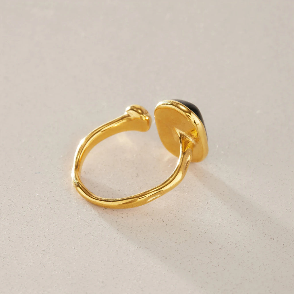 Bague Obsidienne Noire Ajustable – Acier Inoxydable Plaqué Or 18 Carats, Femme