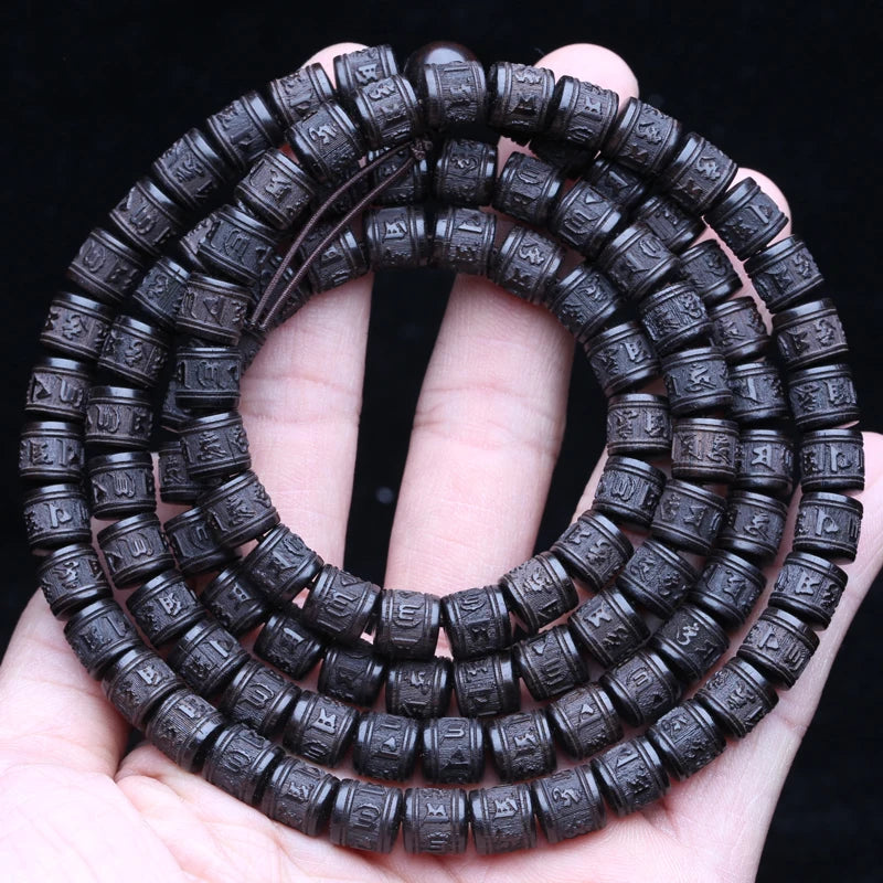 Mala Tibétain 108 Perles en Ébène Naturel – Perles Gravées, Rondes ou Tonneau, Collier ou Bracelet