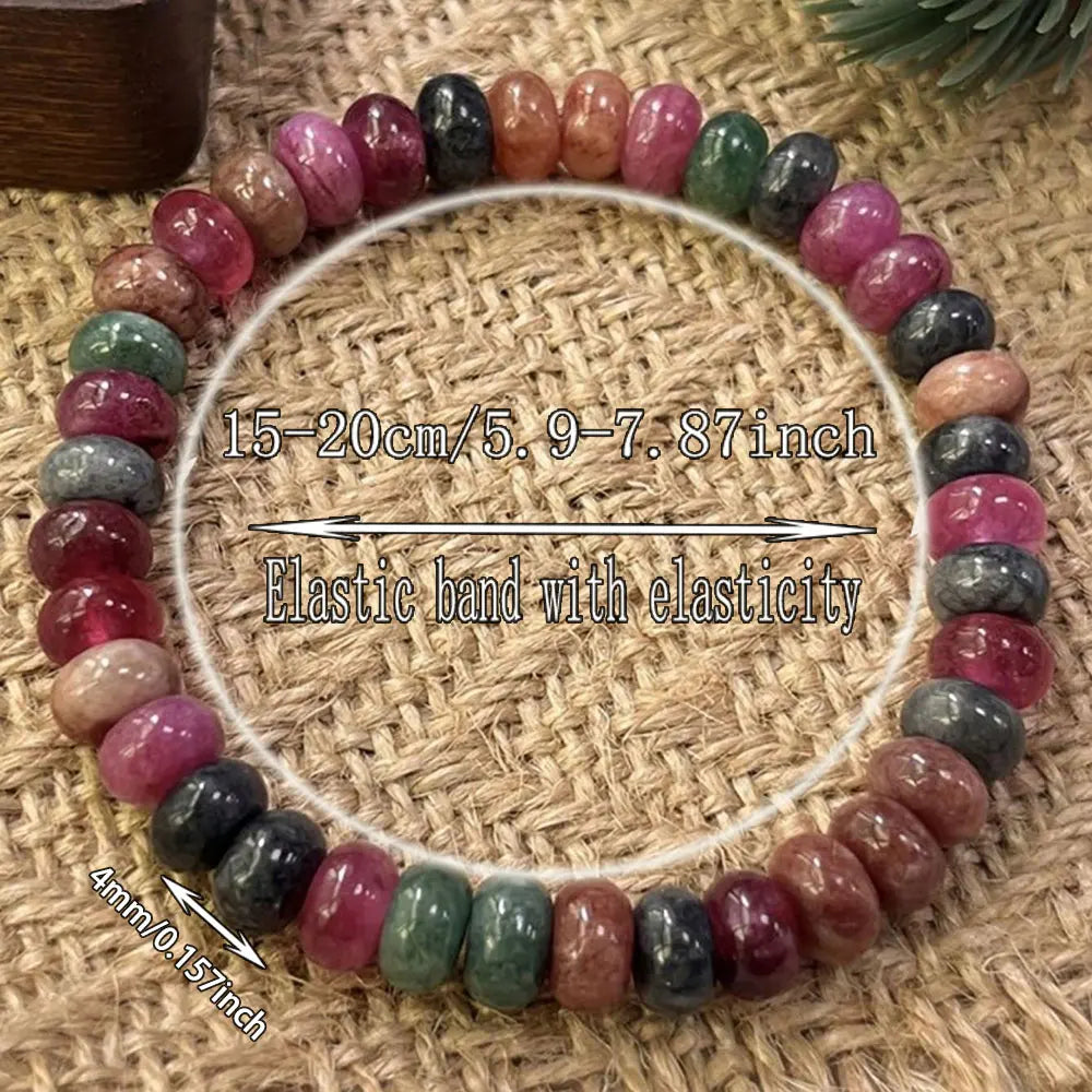 Bracelet Tourmaline Multicolore Naturelle – Tourmaline Arc-en-Ciel, Perles Rondes, 18 cm