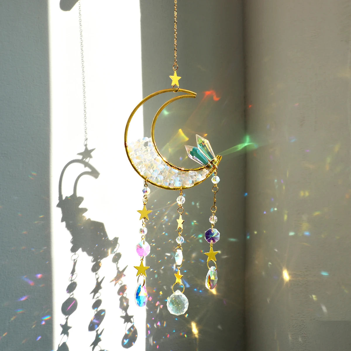 Attrape-Soleil Lune en Cristal – Suspension Arc-en-Ciel avec Éclats de Pierres et Prismes, 17 Modèles