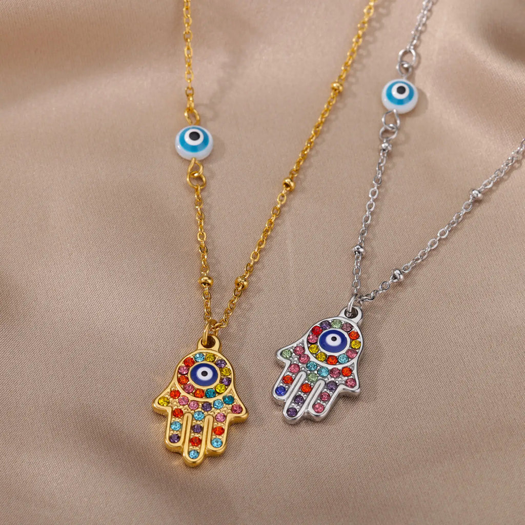 Collier Main de Fatma et Œil Turc en Acier Inoxydable – Pendentif Coloré, Doré ou Argenté, 45 cm