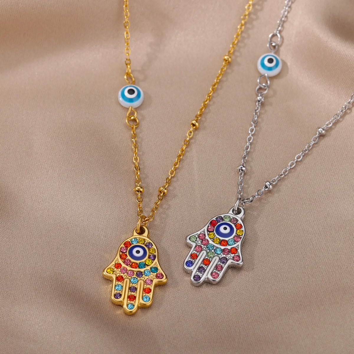 Collier Main de Fatma et Œil Turc en Acier Inoxydable – Pendentif Coloré, Doré ou Argenté, 45 cm