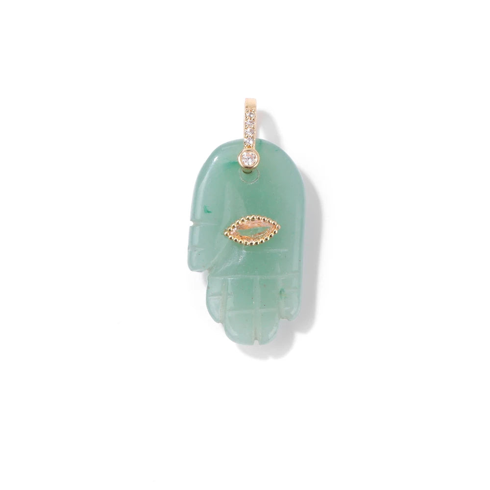 Pendentif Main de Fatma en Pierre Naturelle Sculptée – Œil Serti et Bélière Dorée, Lapis-Lazuli, Améthyste, Œil de Tigre, Idée Cadeau (sans chaîne)