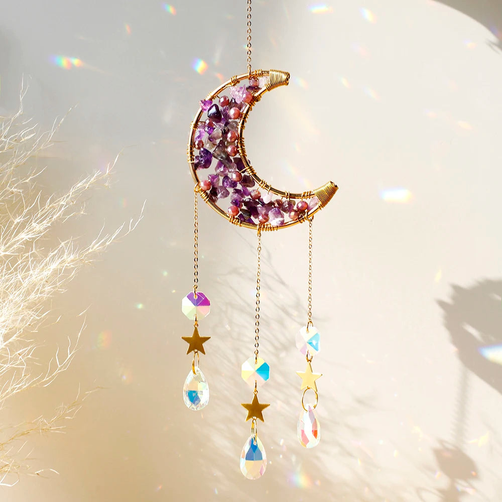 Attrape-Soleil Lune en Cristal – Suspension Arc-en-Ciel avec Éclats de Pierres et Prismes, 17 Modèles